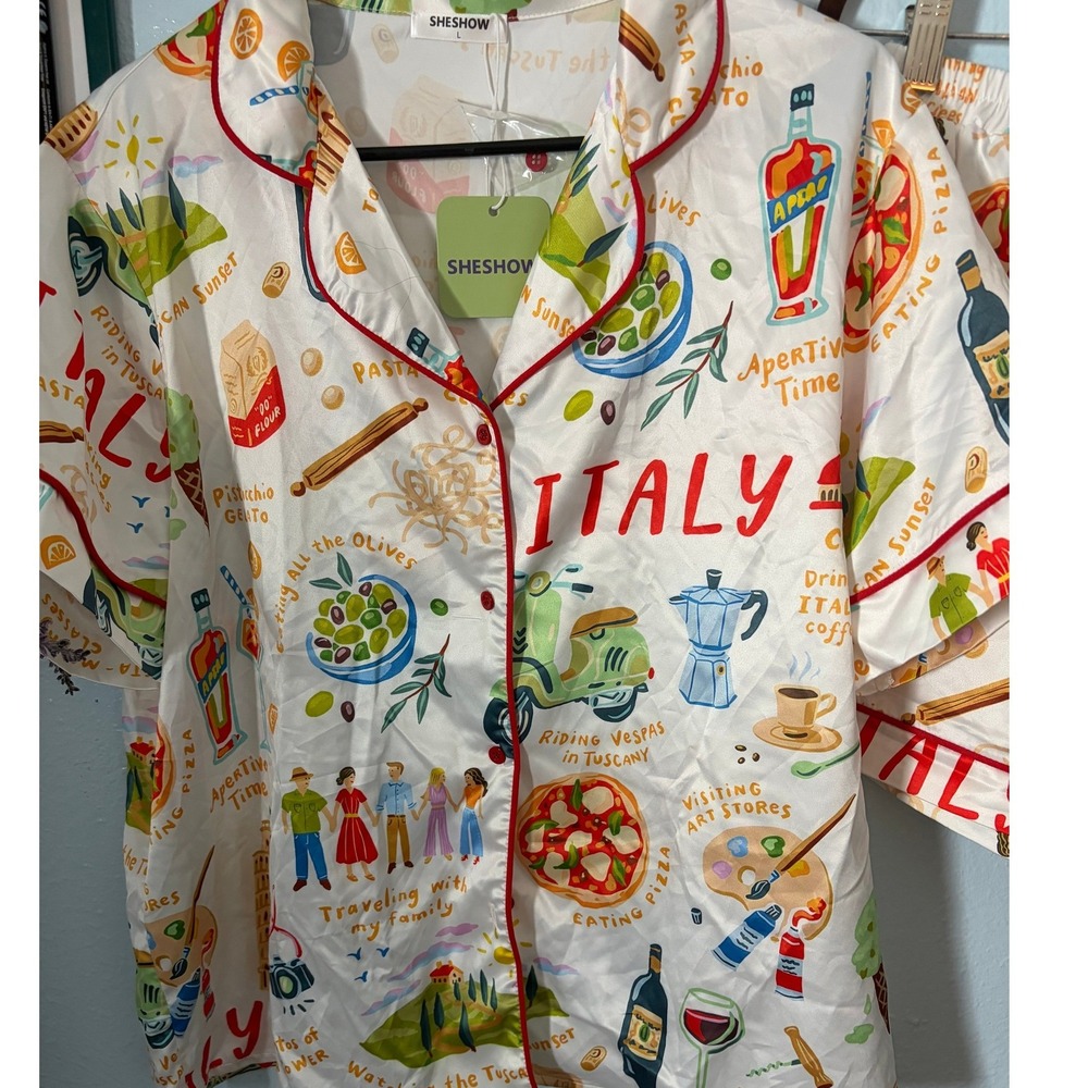 SHESHOW Italy Vacation Pajama Set Satin Short Sleeve L NWT Whimsical Novelty - Picture 3 of 8